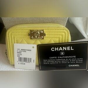 💛💛Chanel Yellow Quilted Caviar Leather Boy Zip Coin Purse💛💛